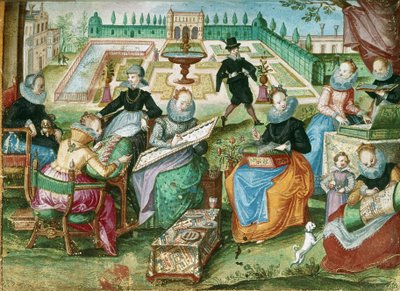 إضافة 7025 صفحة 50 سيدات جالسات على تطريزهن ، من "ألبوم Amicorum of Gervasius Fabricius" (لون ليثو) بواسطة المدرسة الألمانية