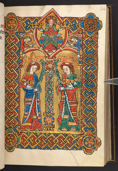 يضيف. 60629، f.34 المسيح والملائكة يتوجان قديسين رهبانيين (رق) بواسطة المدرسة الألمانية