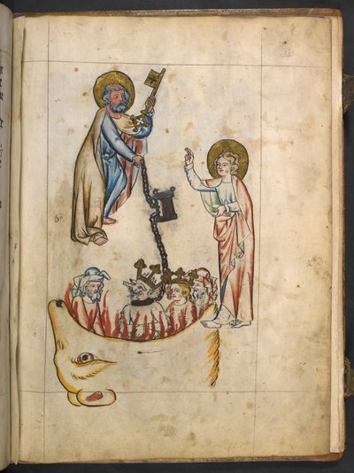أضف MS 15243 f.34r Angel ممسكًا بالمفتاح إلى حفرة بلا قاع ، رسم توضيحي من "Apocalypse" ، حوالي 1350-70 (حبر ولون على ورق) بواسطة المدرسة الألمانية