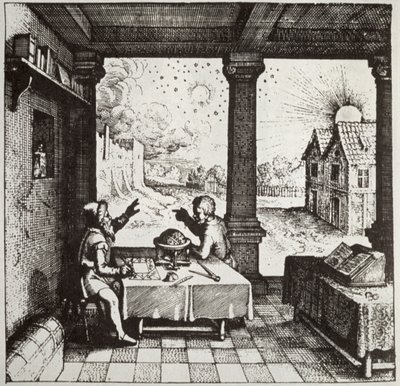 منجم يلقي برجك ، نسخة من رسم توضيحي من Utriusque Cosmi Historia بقلم روبرت فلود ، أوبنهايم 1617 ، تم استخدامه في تاريخ السحر ، نُشر في أواخر القرن التاسع عشر بواسطة المدرسة الألمانية