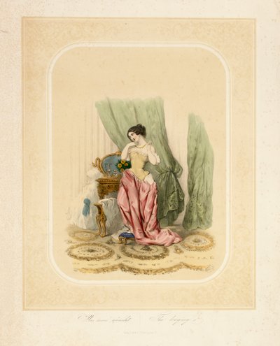 سيدة أنيقة على منضدة تضميدها ، طبعها F. Sala & Co ، برلين ، عام 1850 بواسطة المدرسة الألمانية