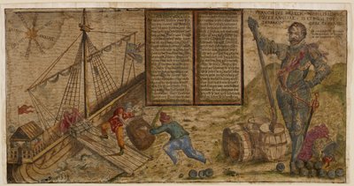 صورة توضيحية تحتفل بحملة فرانسيس دريك ضد الإسبان، رسم توضيحي من quot;Hier steh ich Drach in Engelandtquot; (قلم وحبر مع طلاء على ورق) بواسطة المدرسة الألمانية