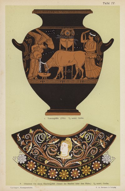 Ancient Greek storage jar and ornament from a censer (colour litho) بواسطة المدرسة الألمانية