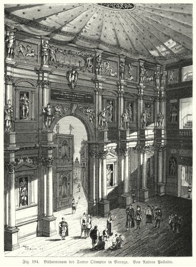 Auditorium and stage of the Teatro Olimpico, Piacenza, Italy, designed by Andrea Palladio (engraving) بواسطة المدرسة الألمانية