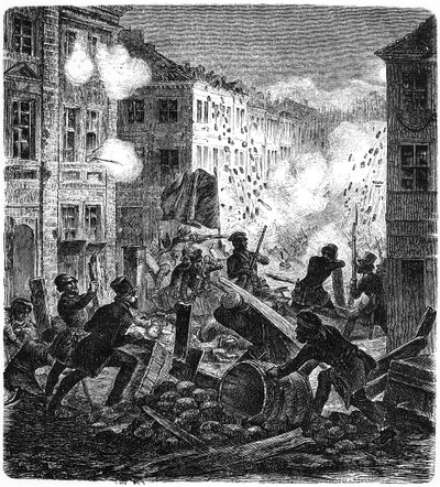 المتاريس في برلين خلال الثورة الألمانية عام 1848 بواسطة المدرسة الألمانية