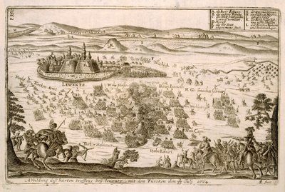 معركة بالقرب من بلدة Levice في 1664 ، توضيح من كتاب عن الحملات العثمانية في أوروبا ، نقشه Paul Furst (c.1605-66) بواسطة المدرسة الألمانية