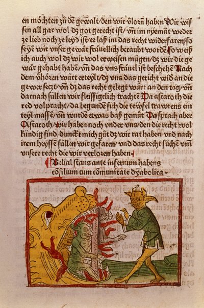 Belial عند أبواب الجحيم ، توضيح من ترجمة ألمانية ل Das Buch Belial ، 1473 (قطع خشبية ملونة) بواسطة المدرسة الألمانية