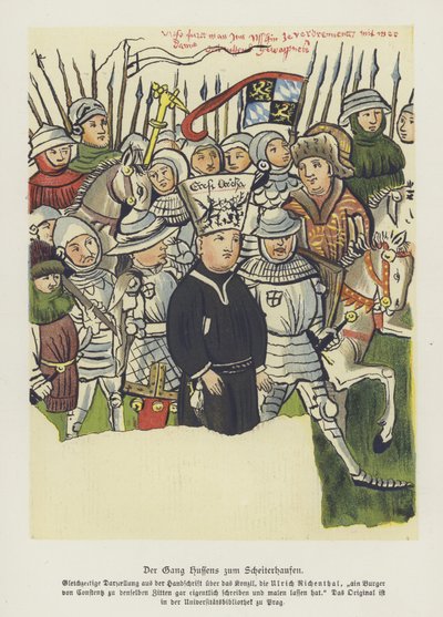 Bohemian Christian reformer Jan Hus being taken to his execution, Constance, 6 July 1415 (colour litho) بواسطة المدرسة الألمانية