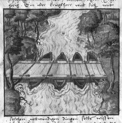 جسر من القوارب ، رسم توضيحي من LArt de lartillerie بواسطة Wolff de Senftenberg ، النصف الثاني من القرن السادس عشر بواسطة المدرسة الألمانية