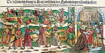 حساب صحيفة عريضة ورسوم توضيحية للزواج بالوكالة في مارس 1595 لأرشيدوقة النمسا ماريا كريستينا مع سفير سيغيسموند باتوري ، أمير سيبنبورغن (ترانسيلفانيا) ومعركة كولوغوريني في أغسطس 1595 ، حوالي 1 بواسطة المدرسة الألمانية