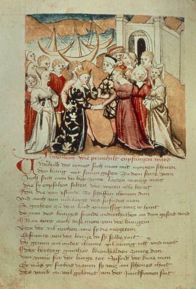 برونهيلد يدخل الديدان. Kriemhild ينسب إلى Brunhild و Gunther ، من "Hundeshagen Nibelungen Codex" (ورق الرق) بواسطة المدرسة الألمانية
