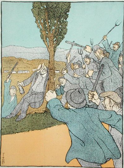 رسم كاريكاتوري من مجلة 'Simplicissimus' يصور كليمنصو ومزارعي النبيذ المتمردين ، يوليو 1907 (لون ليثو) بواسطة المدرسة الألمانية