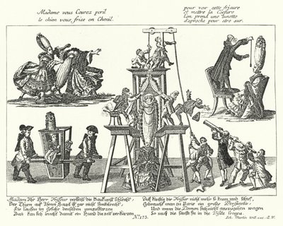 رسم كاريكاتوري على الباروكات الطويلة للغاية التي كانت ترتديها النساء الرائعات في القرن الثامن عشر (نقش) بواسطة المدرسة الألمانية
