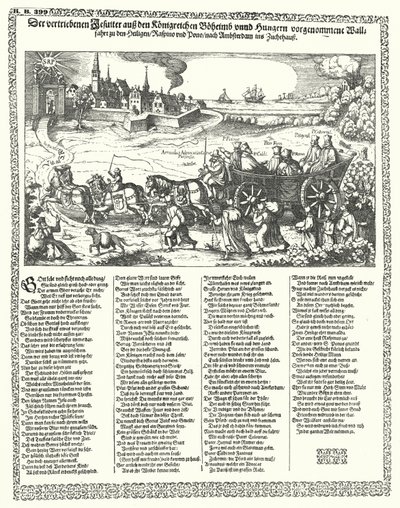 رسم كاريكاتوري يصور اليسوعيين الذين طردوا من بوهيميا والمجر عام 1620 في بداية حرب الثلاثين عامًا (نقش) بواسطة المدرسة الألمانية