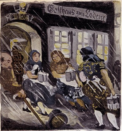 شخصيات على شرفة مصنع الجعة Max Feldbauer تحت الثلج ، ميونيخ (Munchen) ، ألمانيا. نقش من عام 1905. باريس ، فنون زخرفية بواسطة المدرسة الألمانية