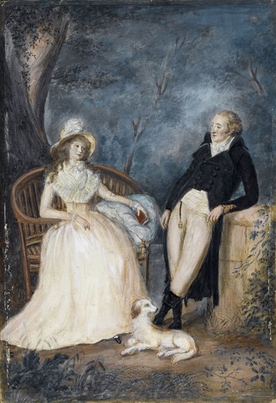 شارلوت فون شتاين (1742-1827) ويوهان فولفجانج فون جوته (1749-1832) في محادثة - أستاذ ألماني - النصف الثاني من القرن الثامن عشر. - ألوان مائية على كرتون - مجموعة خاصة بواسطة المدرسة الألمانية