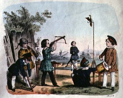 أطفال يطلقون النار على هدف بأركويبوس ، حوالي عام 1860 (نقش ملون) بواسطة المدرسة الألمانية