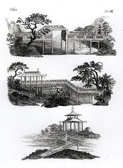 جسور على الطراز الصيني من "الأفكار الجديدة الحديثة للحديقة" ، نُشرت عام 1779 (نقش) (صورة بالأبيض والأسود) بواسطة المدرسة الألمانية