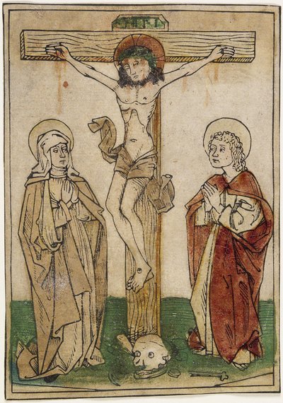المسيح على الصليب مع مريم والقديس يوحنا ، 1470-80 (قطع خشبية ملونة باليد على الرق) بواسطة المدرسة الألمانية