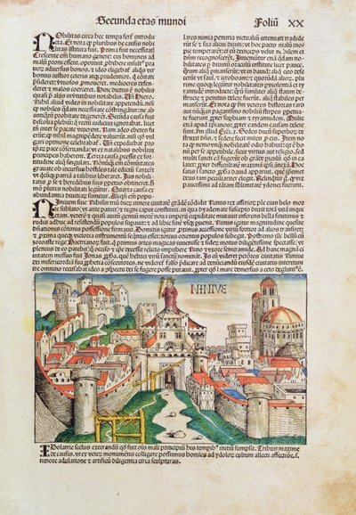 مدينة نينوى ، من "Liber Chronicarum" بواسطة هارتمان شيدل (1440-1514) 1493 (قطع خشبية ملونة) بواسطة المدرسة الألمانية