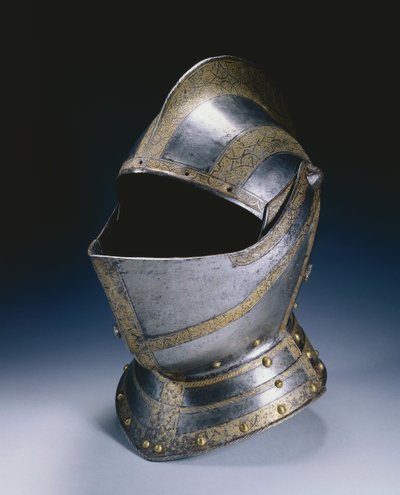 خوذة مغلقة ، ج .1580 (صلب محفور ومذهّب بمسامير نحاسية) بواسطة المدرسة الألمانية