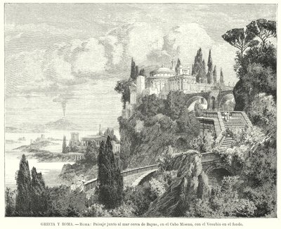 الخط الساحلي لخليج نابولي من بلدة Baiae الرومانية القديمة ، Cape Miseno ، مع Vesuvius في المسافة (litho) بواسطة المدرسة الألمانية