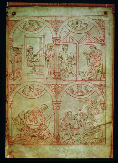 Codex 507 fol.2r Weaver، Shoemaker، Fishermen and Hunter، from Renner Musterbuch، c.1208-18 بواسطة المدرسة الألمانية