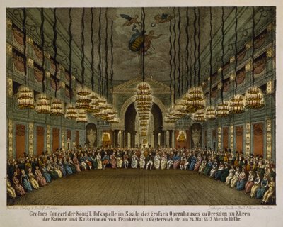 حفل الفرقة الملكية في قاعة دار الأوبرا في درسدن تكريما للزوجين الإمبراطوريين ، 1812 (لون ليثو) بواسطة المدرسة الألمانية