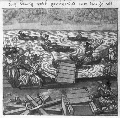 بناء جسر على الماء ، رسم توضيحي من LArt de lArtillerie بواسطة Wolff de Senftenberg ، أواخر القرن السادس عشر بواسطة المدرسة الألمانية