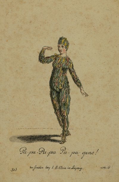 تصميم الأزياء لدور Papageno في الأوبرا The Magic Flute بواسطة Wolfgang Amadeus Mozart ، نشر في Leipzig بواسطة IB Klein ، 1793 (نقش الألوان) بواسطة المدرسة الألمانية