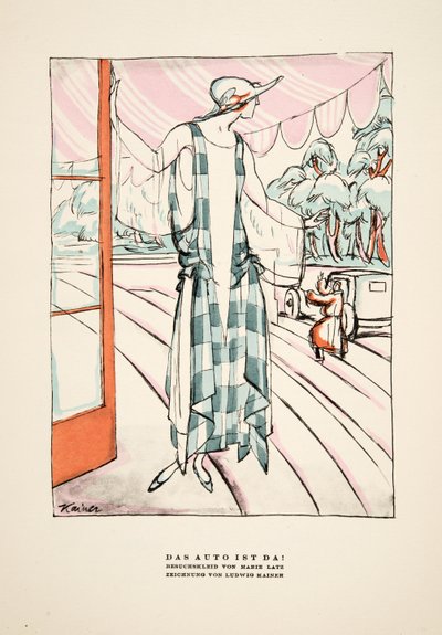 "Das Auto Ist Da!"، إعلان عن فستان لماري لاتز، من ستايل، طبعة عام 1922 (طبعة بوشوار) بواسطة المدرسة الألمانية