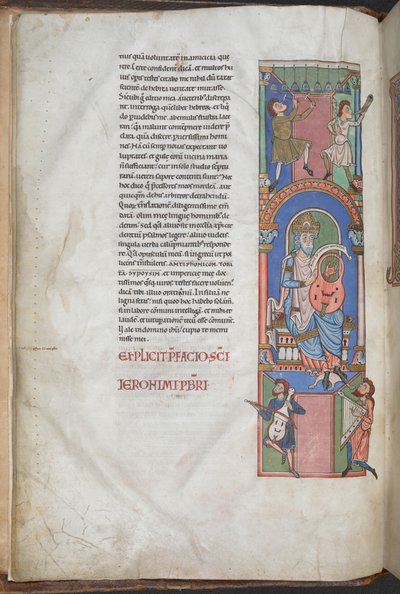 داود كعازف قيثارة في مقدمة المزامير، quot;الكتاب المقدس للديدانquot;، Harley 2804 f.3v، الربع الثاني إلى الثالث من القرن الثاني عشر (حبر ولون على الرق) بواسطة المدرسة الألمانية