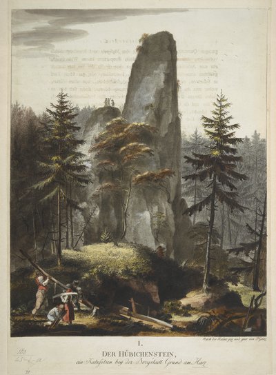 "Der Hübichenstein" ، "أربعة مناظر في غابة Harz" بقلم فيليب غانز ، 1770-90 (حفر ملون يدويًا) بواسطة المدرسة الألمانية