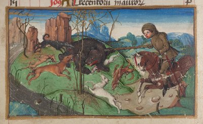 تفاصيل منمنمة لأحد النبلاء يعمل في صيد الدببة ، من صفحة التقويم لشهر أكتوبر ، ج. 1475-1485 بواسطة المدرسة الألمانية