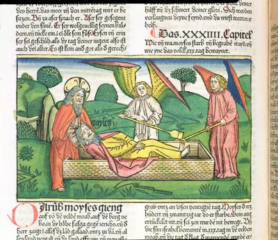 سفر التثنية 34 وفاة موسى ، من الكتاب المقدس نورمبرغ (Biblia Sacra Germanaica) (قطع خشبية ملونة) بواسطة المدرسة الألمانية