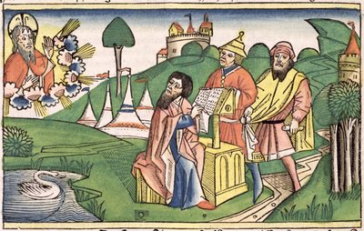 التثنية: صورة في وجه الله يجعل القوانين ، من الكتاب المقدس نورمبرغ (Biblia Sacra Germanaica) (قطع خشبية ملونة) بواسطة المدرسة الألمانية