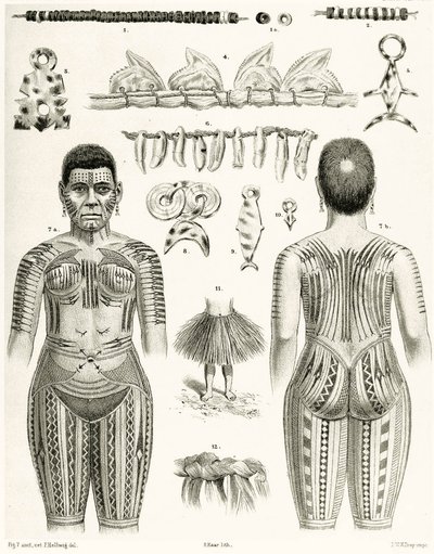 رسم تخطيطي يوضح المجوهرات البولينيزية ، والزخارف وتصميمات الوشم ، 1888 بواسطة المدرسة الألمانية