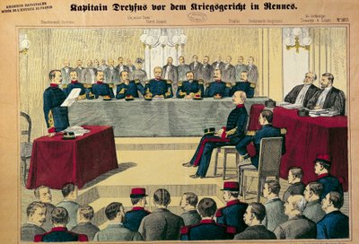 قضية دريفوس: المحاكمة في مراجعة للكابتن دريفوس (1859-1923) رسم توضيحي من الصحافة الألمانية بواسطة المدرسة الألمانية