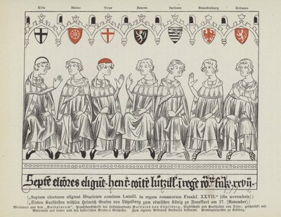 Election of Henry VII of Luxembourg as Holy Roman Emperor, Frankfurt, 27 November 1308 (colour litho) بواسطة المدرسة الألمانية