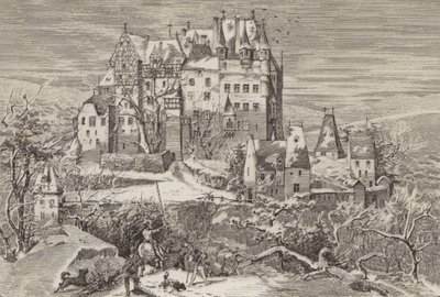 قلعة Eltz ، في التلال فوق نهر Moselle ، ألمانيا ، كما بدا في نهاية القرن السادس عشر (litho) بواسطة المدرسة الألمانية