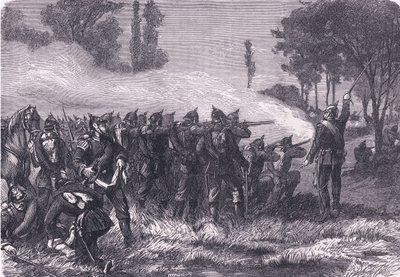 لقاء في الغابة قبل Metz ، Cassells History of the War بين فرنسا وألمانيا الذي نشرته Cassell and Company Limited ، c1890 (litho) بواسطة المدرسة الألمانية