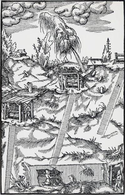Engraving from De re metallica (On the nature of metals), by Georg Pawer or Georgius Agricola (1494-1555), published in Basel بواسطة المدرسة الألمانية