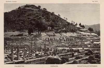 أعمال التنقيب في موقع أولمبيا القديم ، اليونان: Palaestra ومعبد Hera والخزانات (نقش) بواسطة المدرسة الألمانية