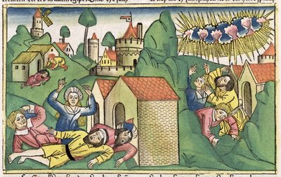 خروج 11 1-10 الضربات السبع في مصر: وفاة الأبناء الأكبر من الكتاب المقدس نورمبرغ (Biblia Sacra Germanaica) (قطع خشبية ملونة) بواسطة المدرسة الألمانية