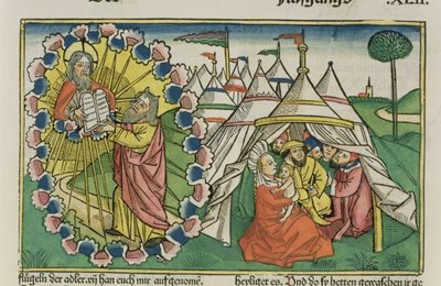 سفر الخروج 20 1-5 موسى يتلقى الوصايا العشر ، من الكتاب المقدس نورمبرغ (Biblia Sacra Germanaica) (قطع خشبية ملونة) بواسطة المدرسة الألمانية