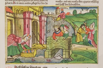 نزوح 2 1-6 يعوم موسى في النيل ويكتشفه أحد زوجات الفراعنة ، من الكتاب المقدس نورمبرغ (Biblia Sacra Germanaica) (قطع خشبية ملونة) بواسطة المدرسة الألمانية