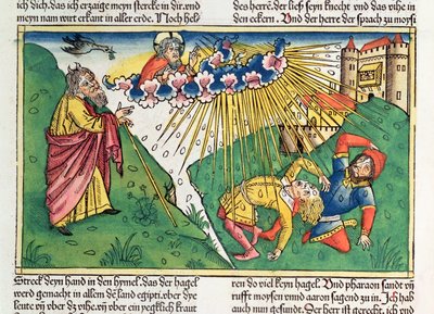 خروج 9 13-35 الضربات السبع لمصر: موسى ووباء البرد والبرق ، من "نورمبرغ الكتاب المقدس (بيبليا ساكرا جيرمانيكا)" (نقش خشبي ملون) بواسطة المدرسة الألمانية