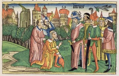 عزرا 6 16 معبد القدس مكرس من قبل الملك داريوس ، من الكتاب المقدس نورمبرغ (Biblia Sacra Germanaica) (قطع خشبية ملونة) بواسطة المدرسة الألمانية