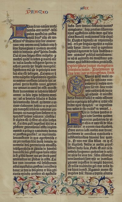 نسخة طبق الأصل من الكتاب المقدس اللاتيني ليوهانس جوتنبرج المكون من 42 سطرًا لعام 1455 (ليثو ملون) بواسطة المدرسة الألمانية