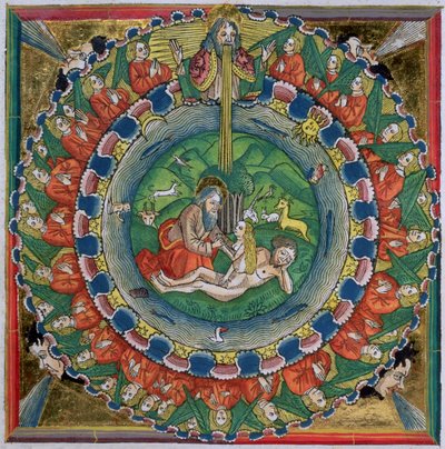 نسخة طبق الأصل من تكوين 2:22 خلق الله حواء ، من الكتاب المقدس نورمبرغ (Biblia Sacra Germanaica) بواسطة المدرسة الألمانية